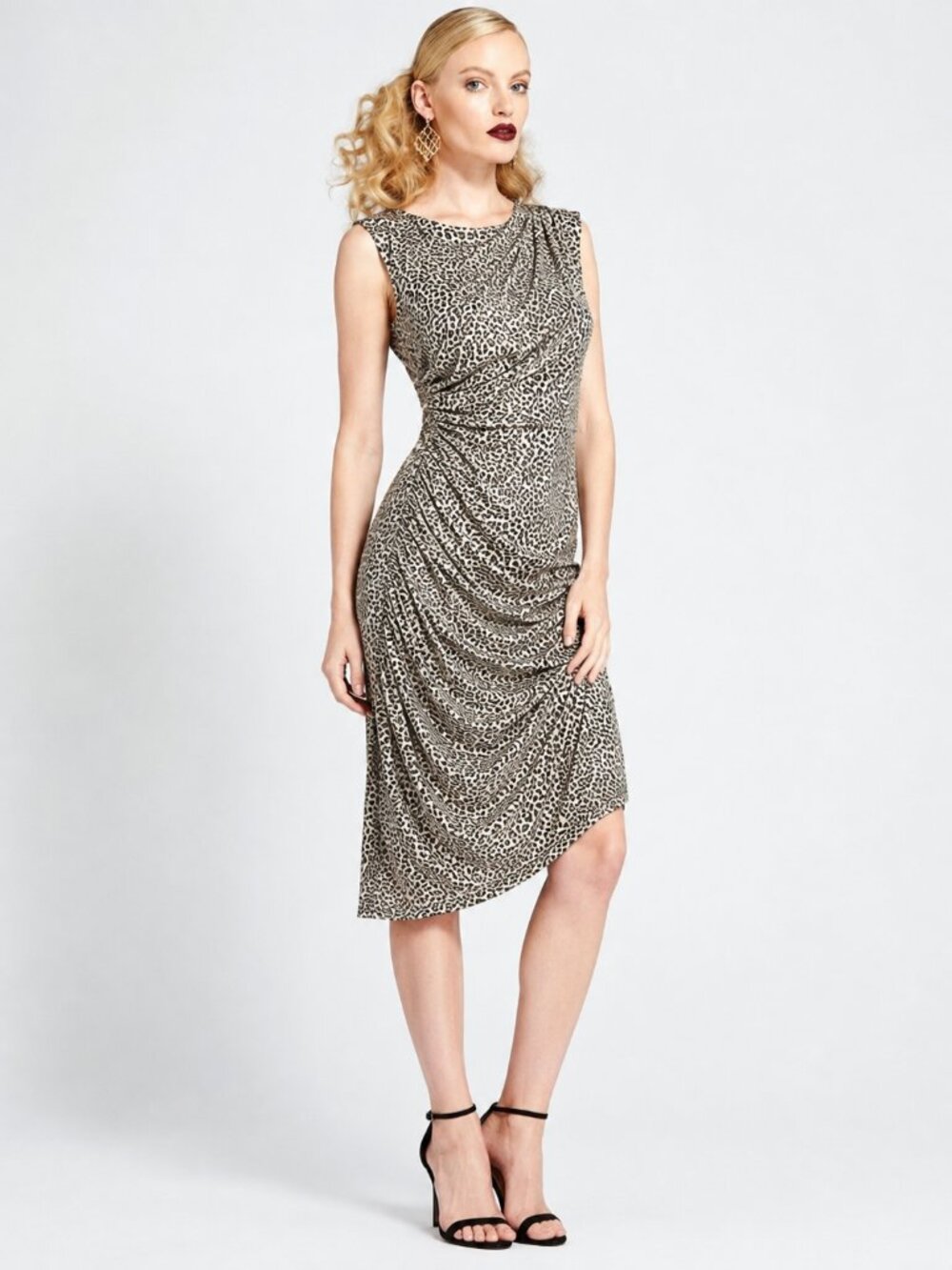 Betsey Johnson Cheetah Print Draped Asymmetrical Midi Dress Size 6